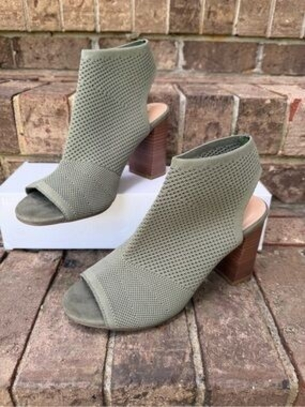Mia Knit Peep-Toe Block Heel Booties - Olive